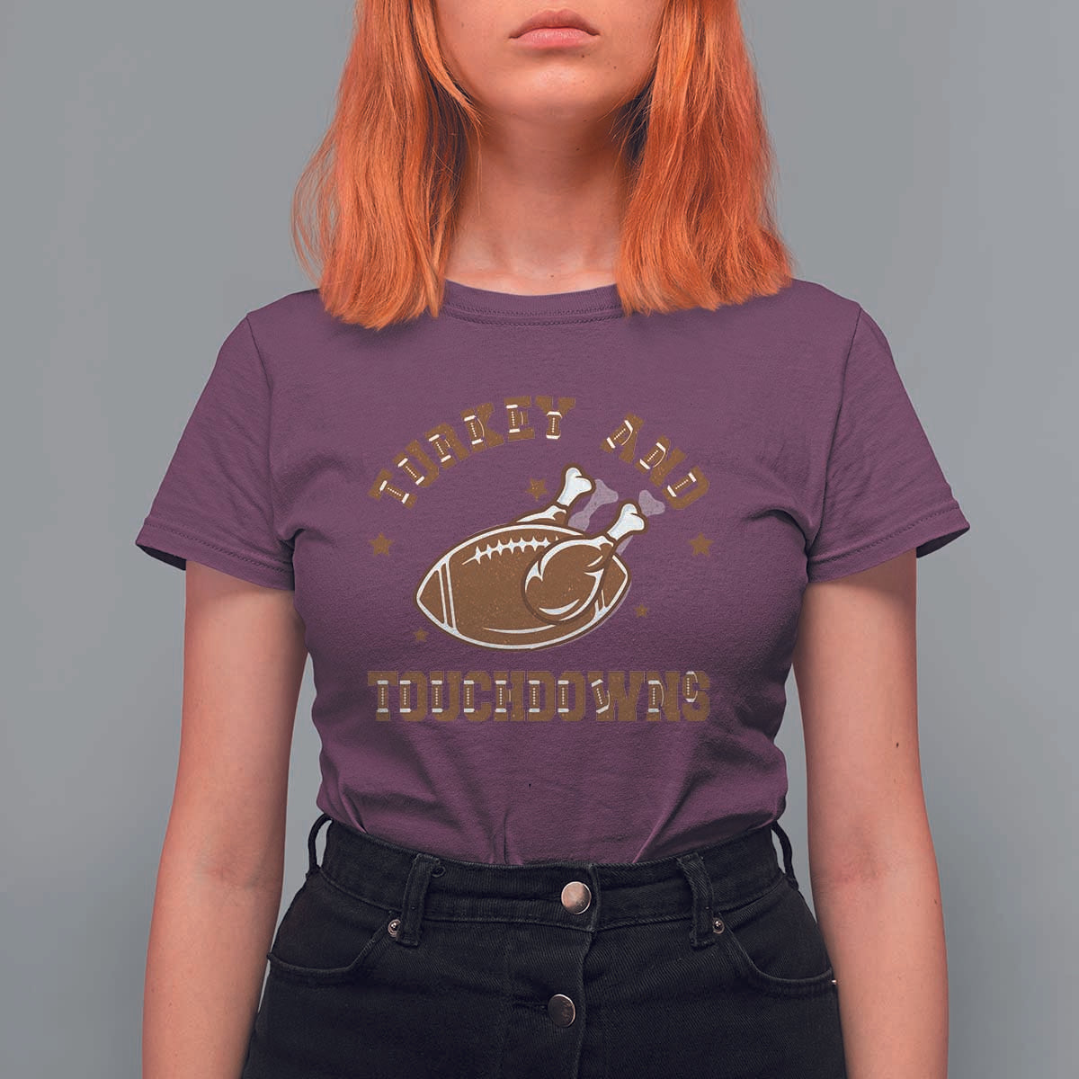 Thanksgiving Football T Shirt For Women Turkey And Touchdowns Vintage American Football - Wonder Print Shop