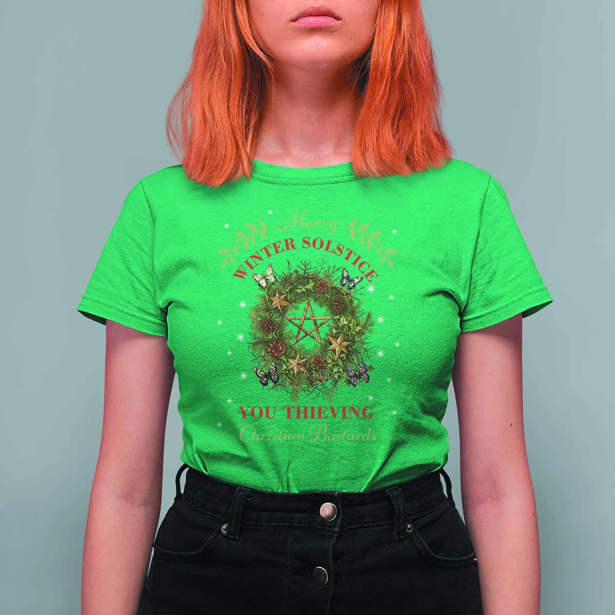 Merry Winter Solstice You Thieving Christian Bastards T Shirt For Women Yule Pentagram - Wonder Print Shop