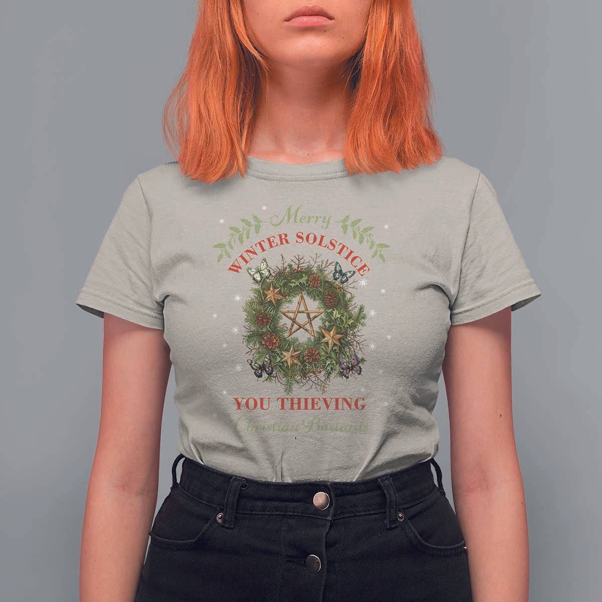 Merry Winter Solstice You Thieving Christian Bastards T Shirt For Women Yule Pentagram - Wonder Print Shop