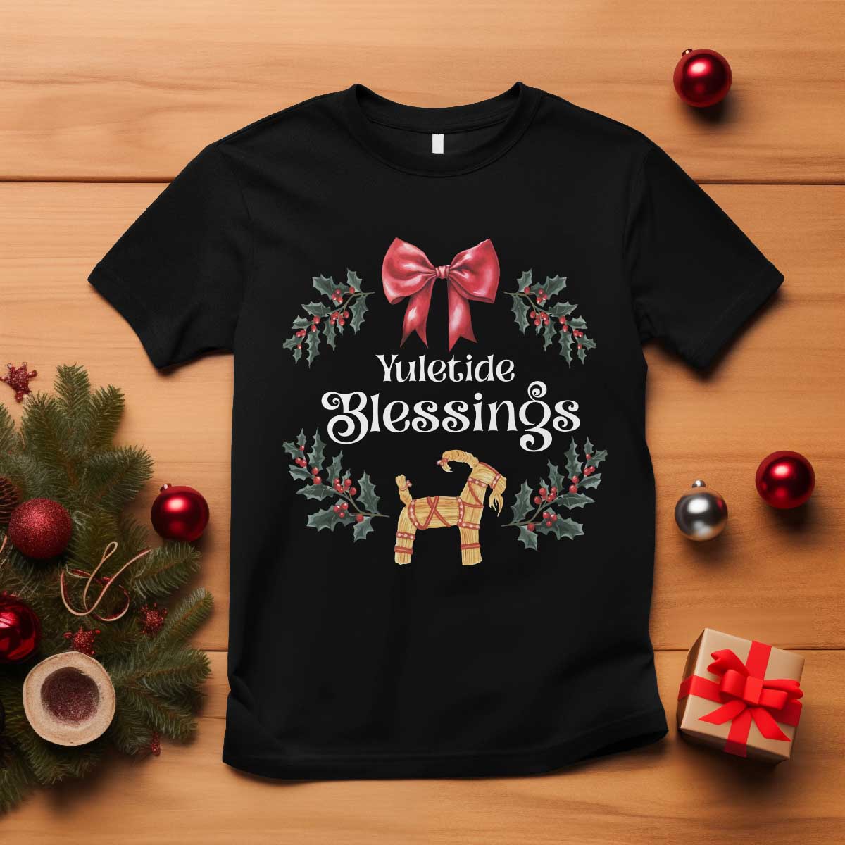 Yuletide Blessings T Shirt Yule Goat Winter Solstice Christmas Wreath - Wonder Print Shop