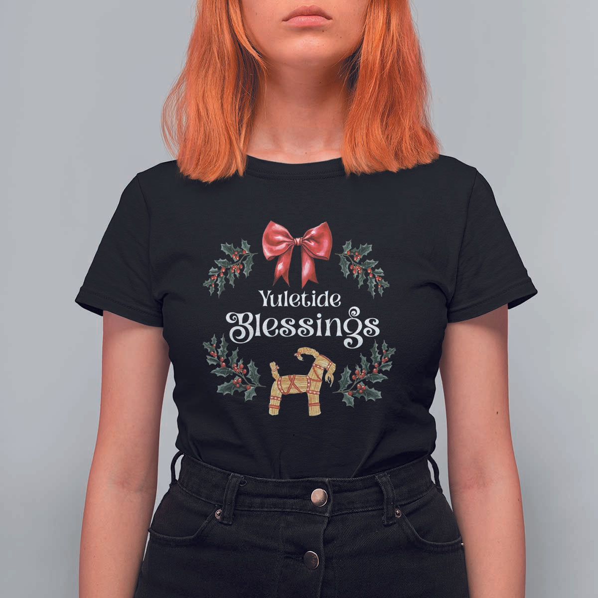 Yuletide Blessings T Shirt For Women Yule Goat Winter Solstice Christmas Wreath - Wonder Print Shop