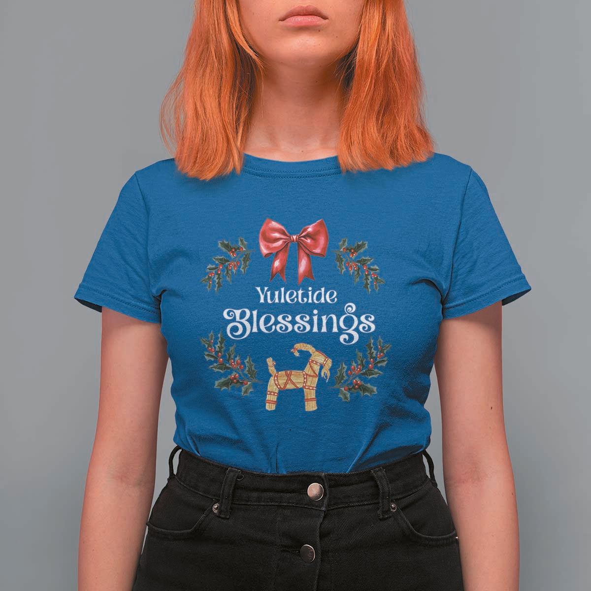 Yuletide Blessings T Shirt For Women Yule Goat Winter Solstice Christmas Wreath - Wonder Print Shop