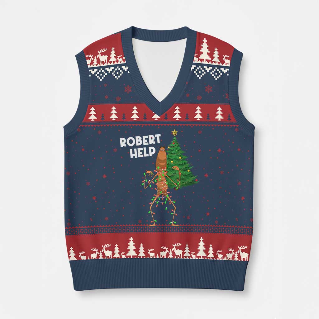 Funny Marcus The Worm Xmas V-Neck Knit Sweater Vest Robert Help Xmas Tree - Wonder Print Shop
