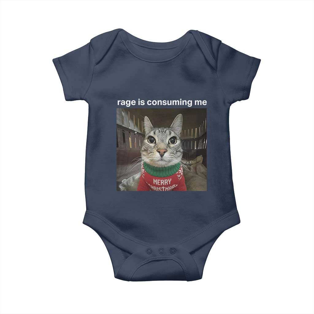 Rage Is Consuming Me Christmas Baby Onesie Funny Silly Staring Cat Meme Xmas Ugly Sweater - Wonder Print Shop