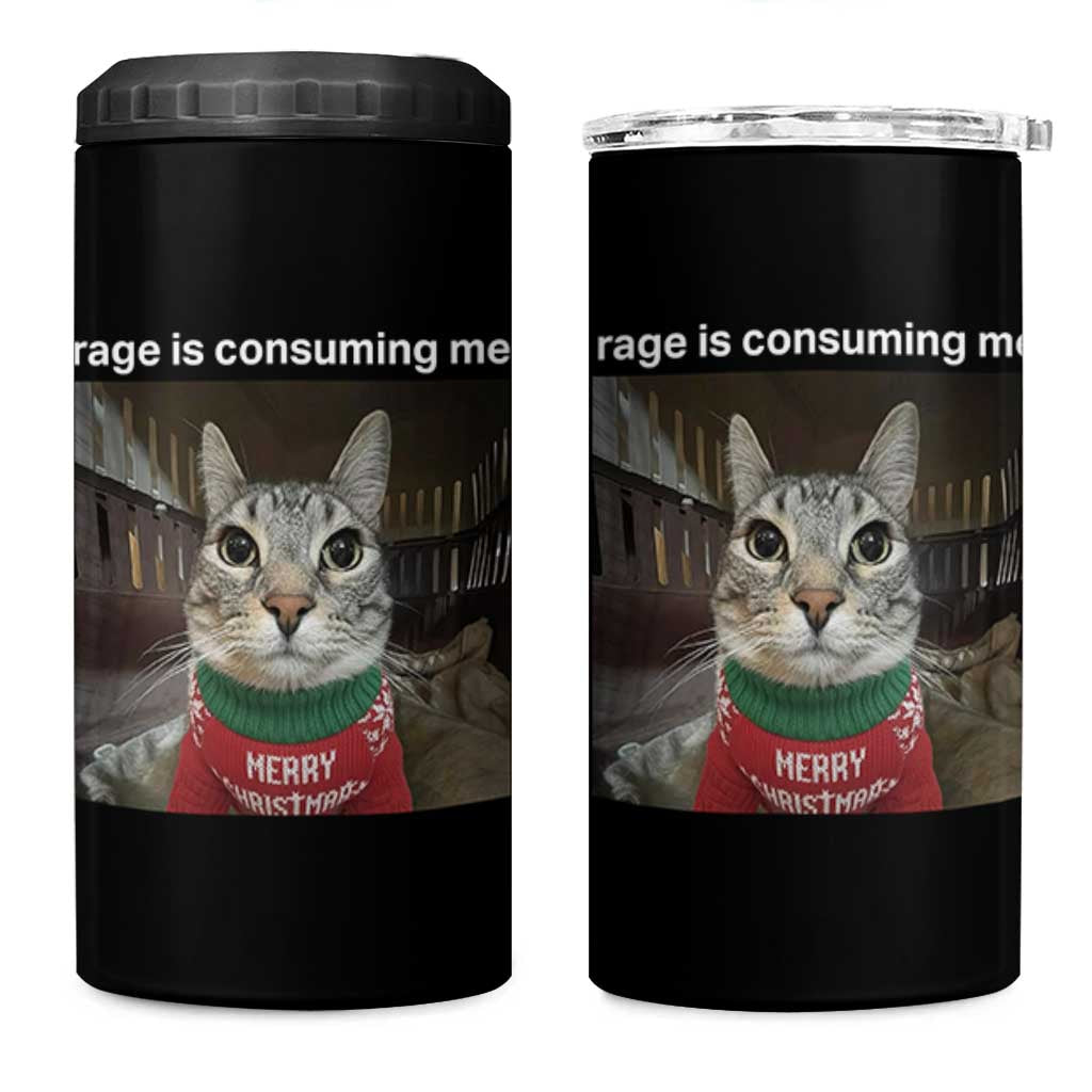 Rage Is Consuming Me Christmas 4 in 1 Can Cooler Tumbler Funny Silly Staring Cat Meme Xmas Ugly Sweater - Wonder Print Shop
