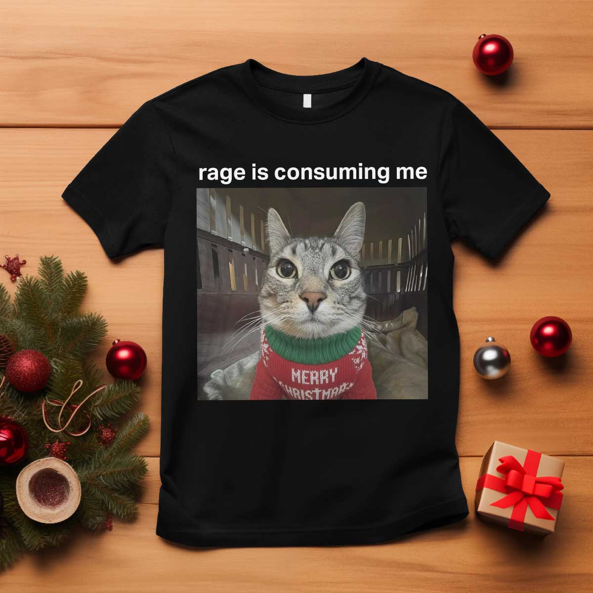 Rage Is Consuming Me Christmas T Shirt Funny Silly Staring Cat Meme Xmas Ugly Sweater - Wonder Print Shop