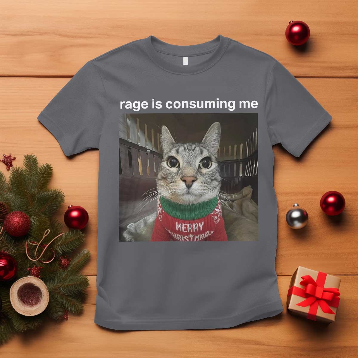 Rage Is Consuming Me Christmas T Shirt Funny Silly Staring Cat Meme Xmas Ugly Sweater - Wonder Print Shop