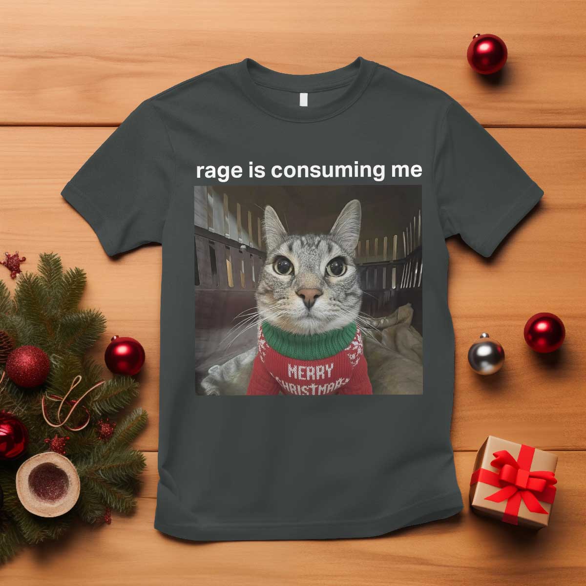 Rage Is Consuming Me Christmas T Shirt Funny Silly Staring Cat Meme Xmas Ugly Sweater - Wonder Print Shop