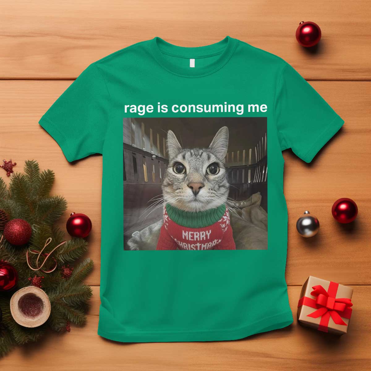 Rage Is Consuming Me Christmas T Shirt Funny Silly Staring Cat Meme Xmas Ugly Sweater - Wonder Print Shop