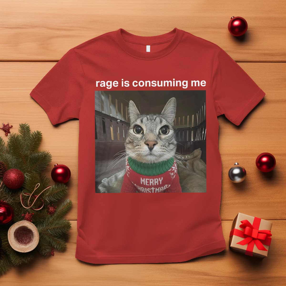 Rage Is Consuming Me Christmas T Shirt Funny Silly Staring Cat Meme Xmas Ugly Sweater - Wonder Print Shop