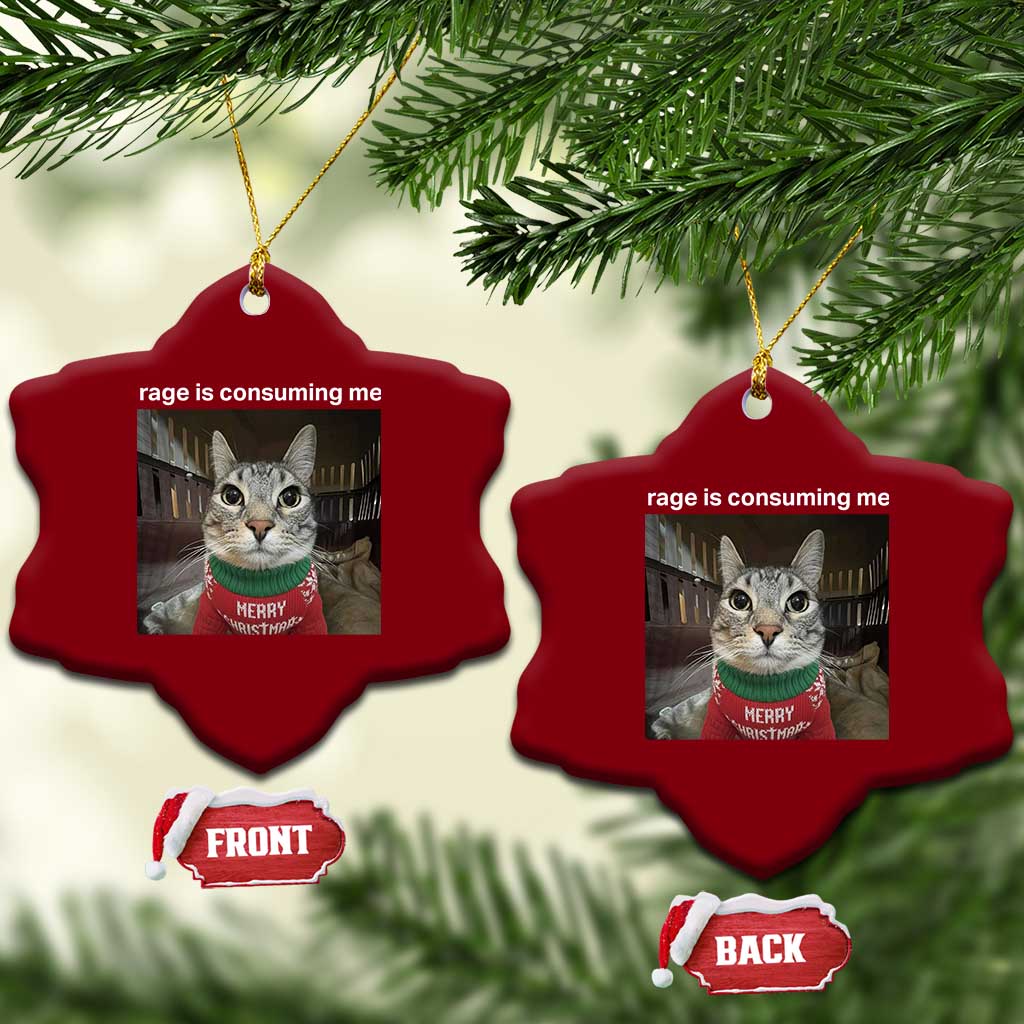 Rage Is Consuming Me Christmas Ceramic Ornament Funny Silly Staring Cat Meme Xmas Ugly Sweater - Wonder Print Shop