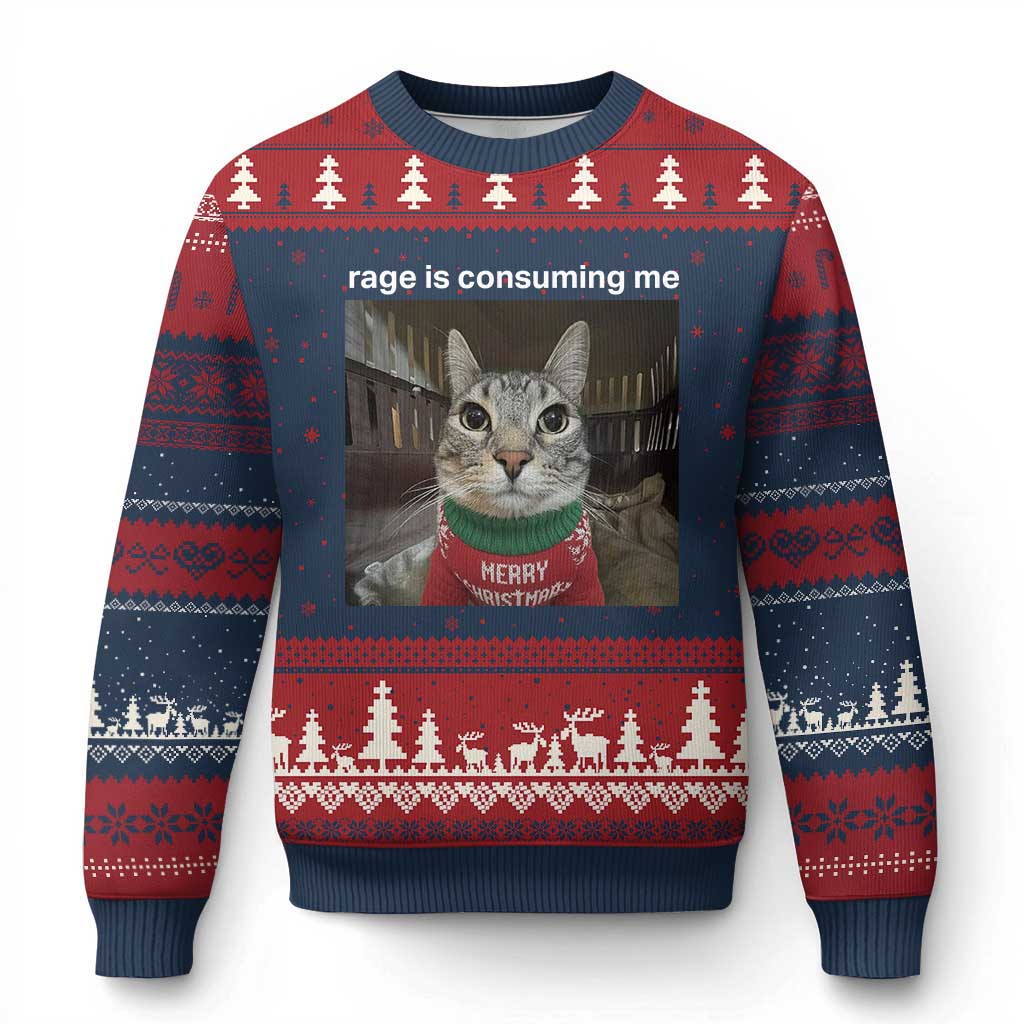 Rage Is Consuming Me Xmas Ugly Christmas Sweater Funny Silly Staring Cat Meme Xmas Ugly Sweater - Wonder Print Shop