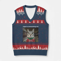 Rage Is Consuming Me Xmas V-Neck Knit Sweater Vest Funny Silly Staring Cat Meme Xmas Ugly Sweater - Wonder Print Shop