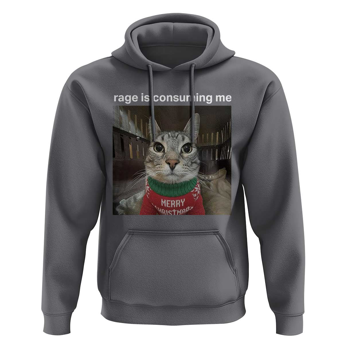 Rage Is Consuming Me Christmas Hoodie Funny Silly Staring Cat Meme Xmas Ugly Sweater - Wonder Print Shop