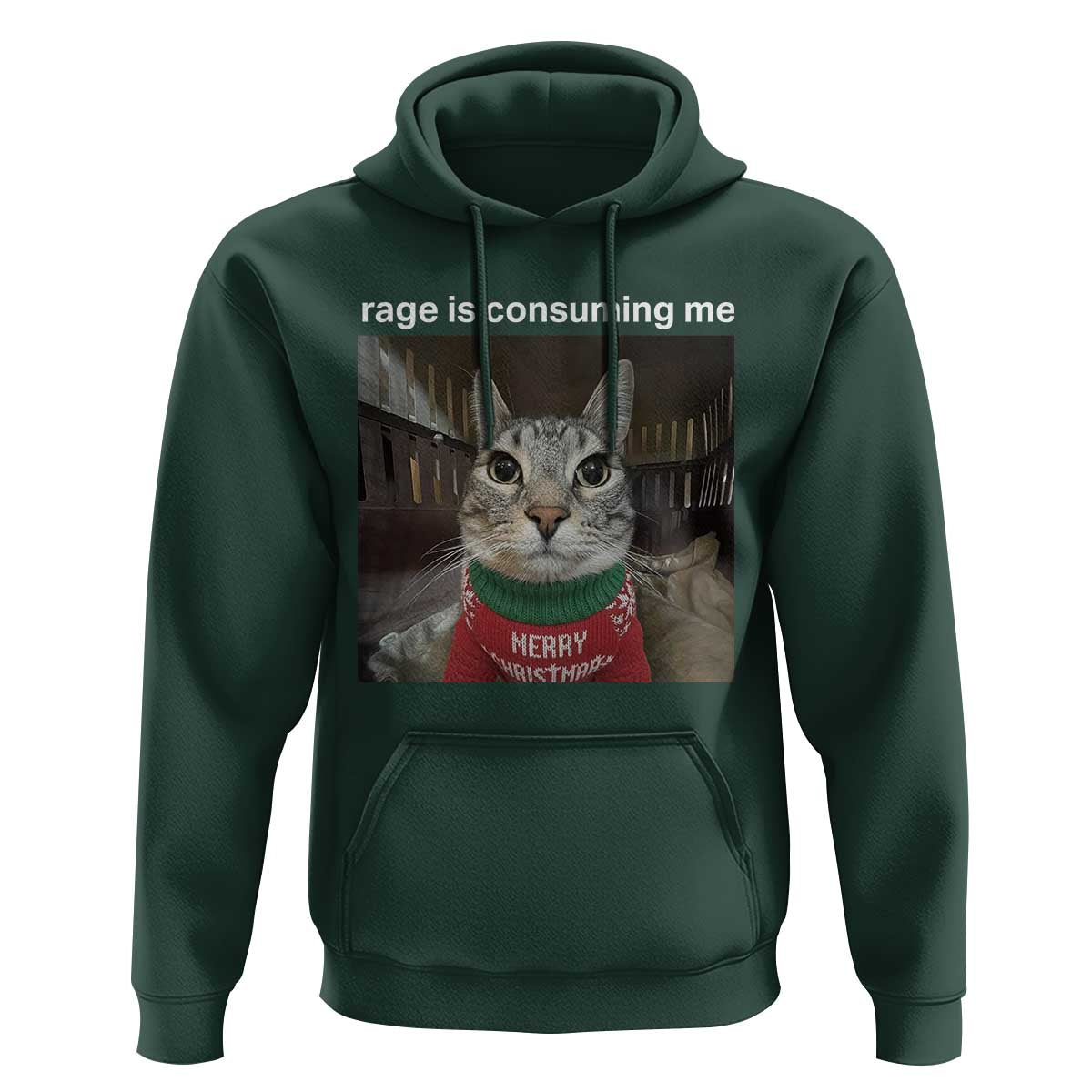 Rage Is Consuming Me Christmas Hoodie Funny Silly Staring Cat Meme Xmas Ugly Sweater - Wonder Print Shop