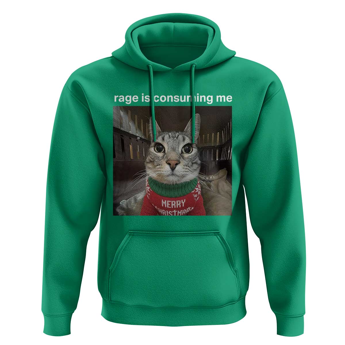 Rage Is Consuming Me Christmas Hoodie Funny Silly Staring Cat Meme Xmas Ugly Sweater - Wonder Print Shop