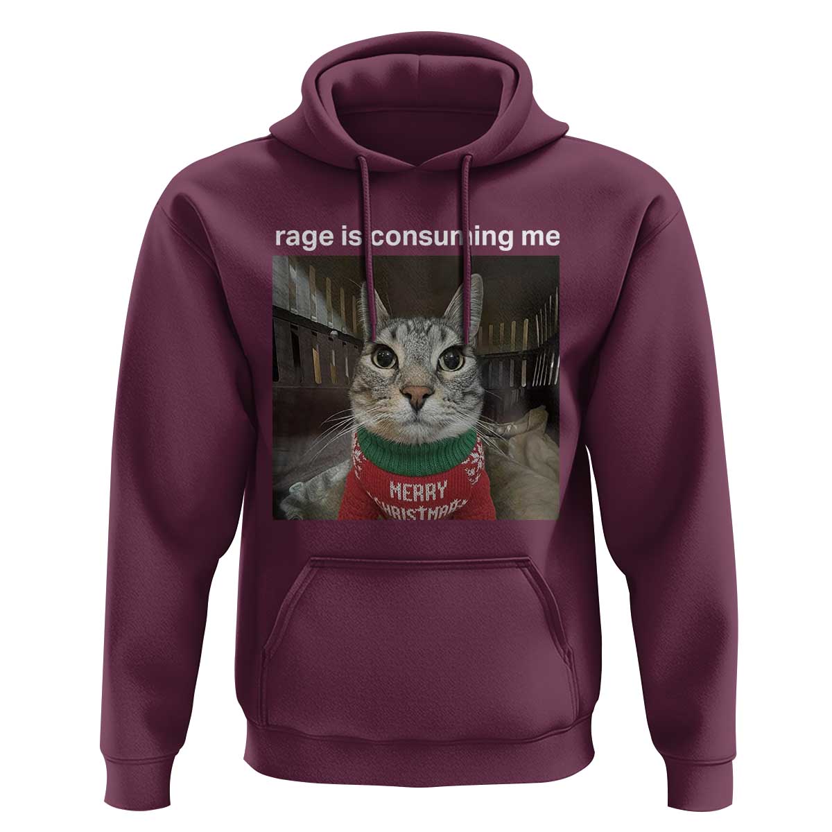 Rage Is Consuming Me Christmas Hoodie Funny Silly Staring Cat Meme Xmas Ugly Sweater - Wonder Print Shop