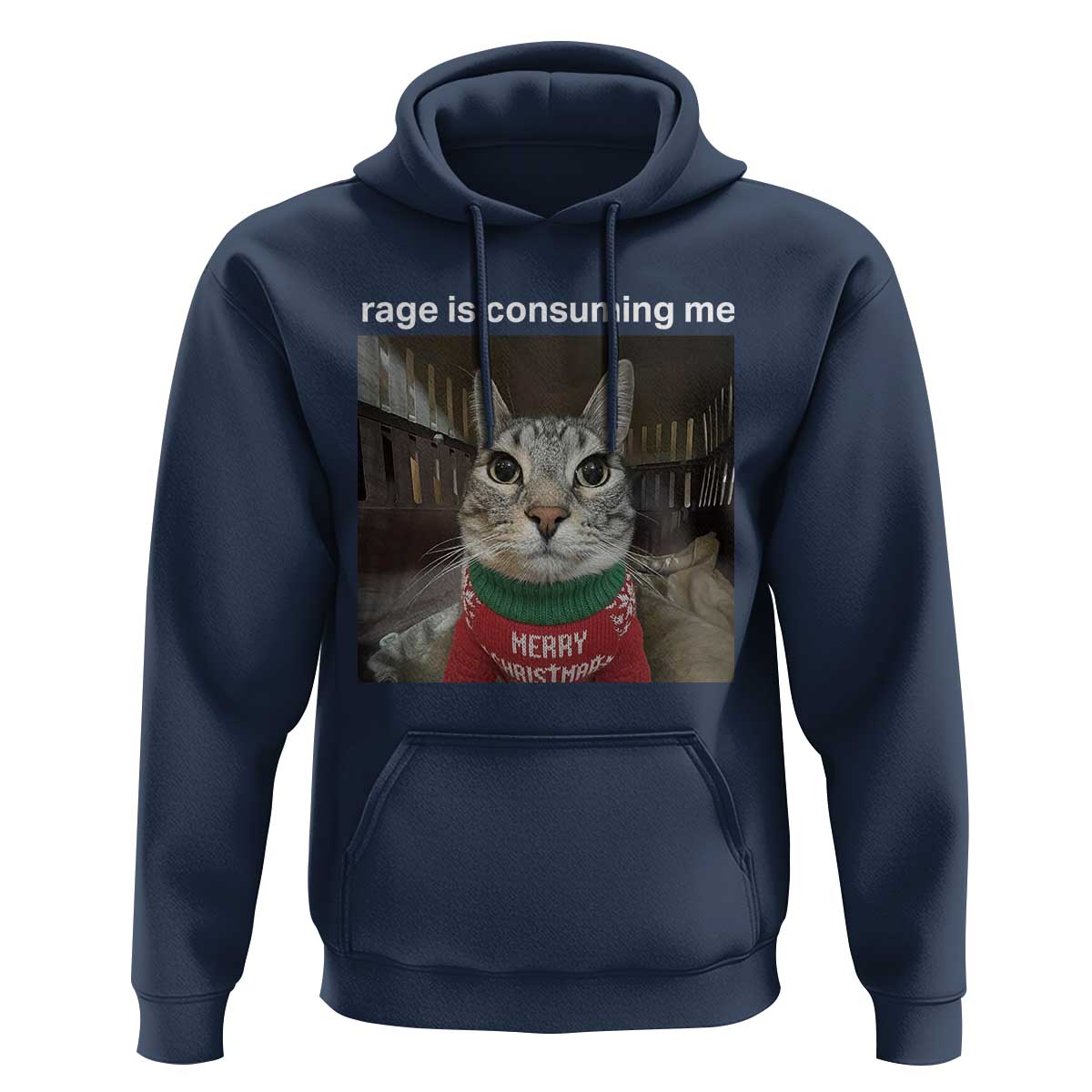Rage Is Consuming Me Christmas Hoodie Funny Silly Staring Cat Meme Xmas Ugly Sweater - Wonder Print Shop