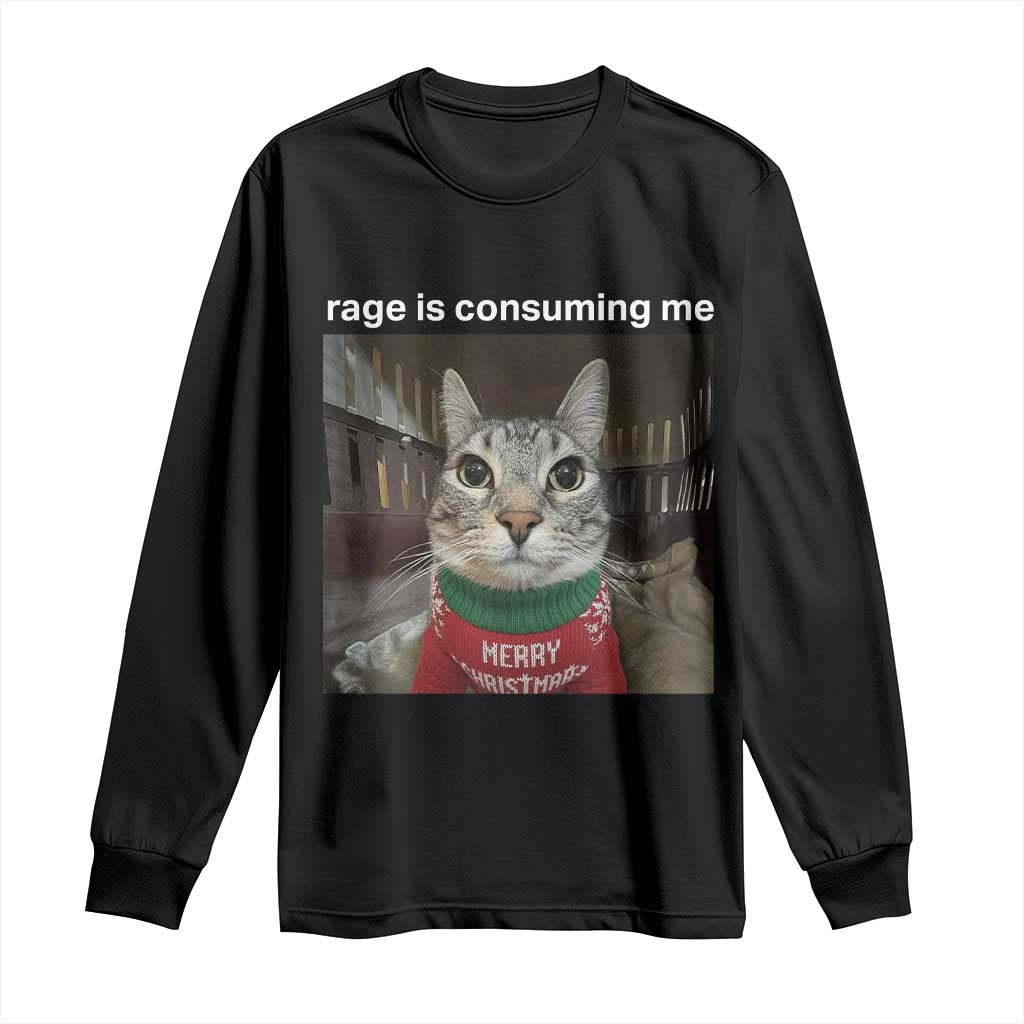 Rage Is Consuming Me Christmas Long Sleeve Shirt Funny Silly Staring Cat Meme Xmas Ugly Sweater - Wonder Print Shop