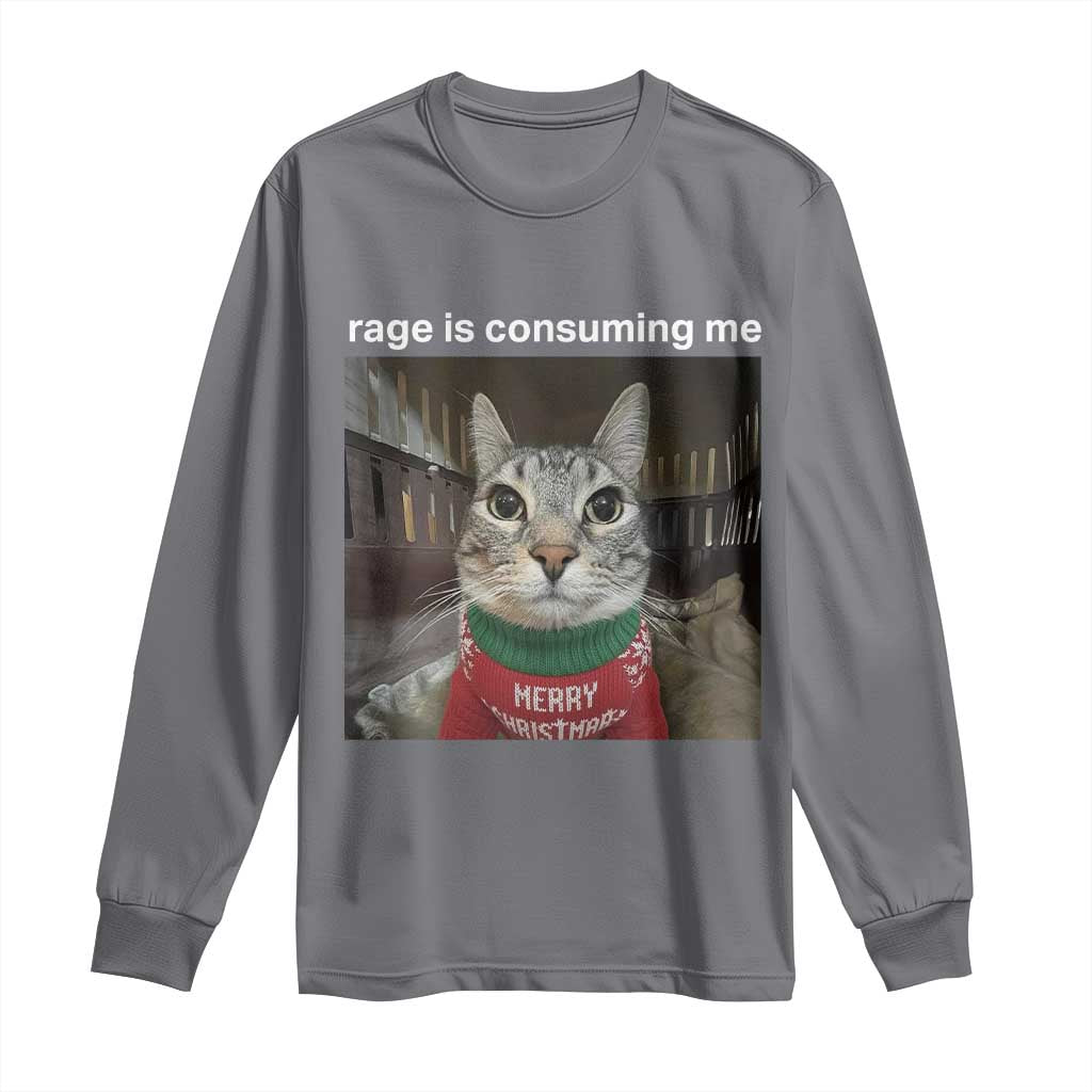 Rage Is Consuming Me Christmas Long Sleeve Shirt Funny Silly Staring Cat Meme Xmas Ugly Sweater - Wonder Print Shop