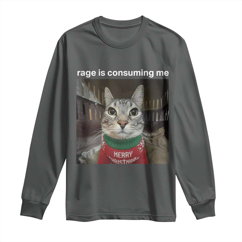 Rage Is Consuming Me Christmas Long Sleeve Shirt Funny Silly Staring Cat Meme Xmas Ugly Sweater - Wonder Print Shop