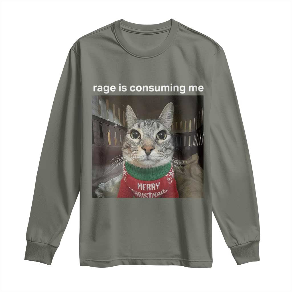 Rage Is Consuming Me Christmas Long Sleeve Shirt Funny Silly Staring Cat Meme Xmas Ugly Sweater - Wonder Print Shop
