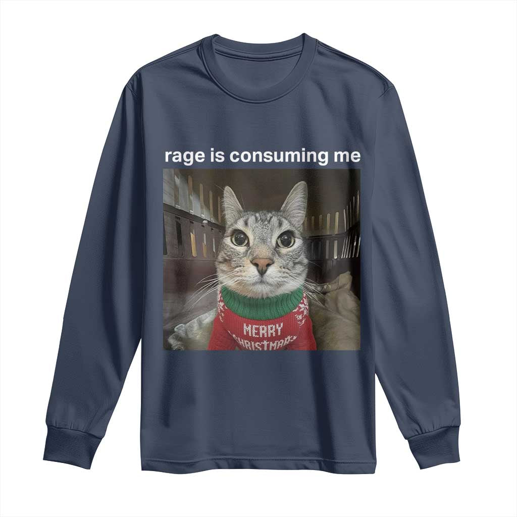 Rage Is Consuming Me Christmas Long Sleeve Shirt Funny Silly Staring Cat Meme Xmas Ugly Sweater - Wonder Print Shop