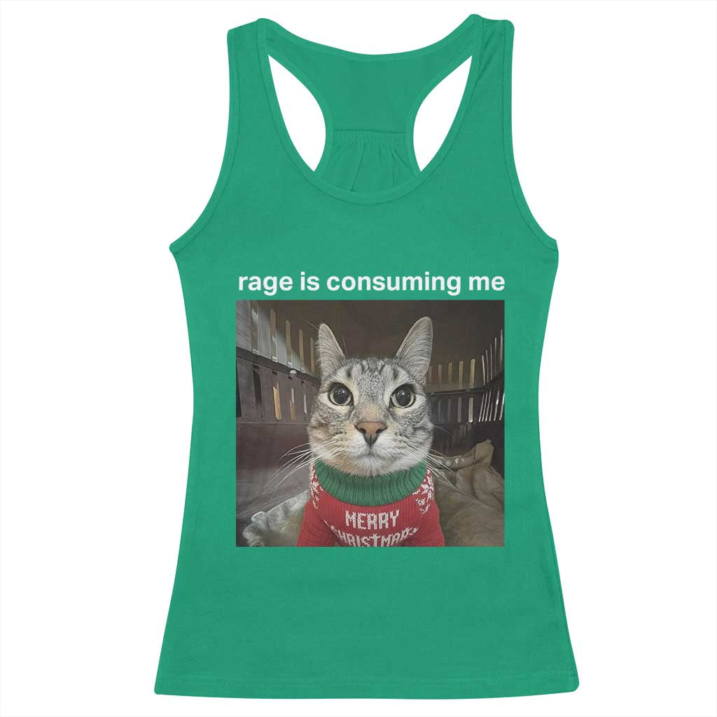 Rage Is Consuming Me Christmas Racerback Tank Top Funny Silly Staring Cat Meme Xmas Ugly Sweater - Wonder Print Shop
