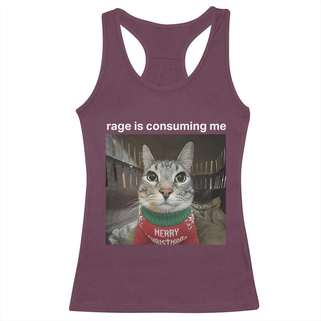 Rage Is Consuming Me Christmas Racerback Tank Top Funny Silly Staring Cat Meme Xmas Ugly Sweater - Wonder Print Shop