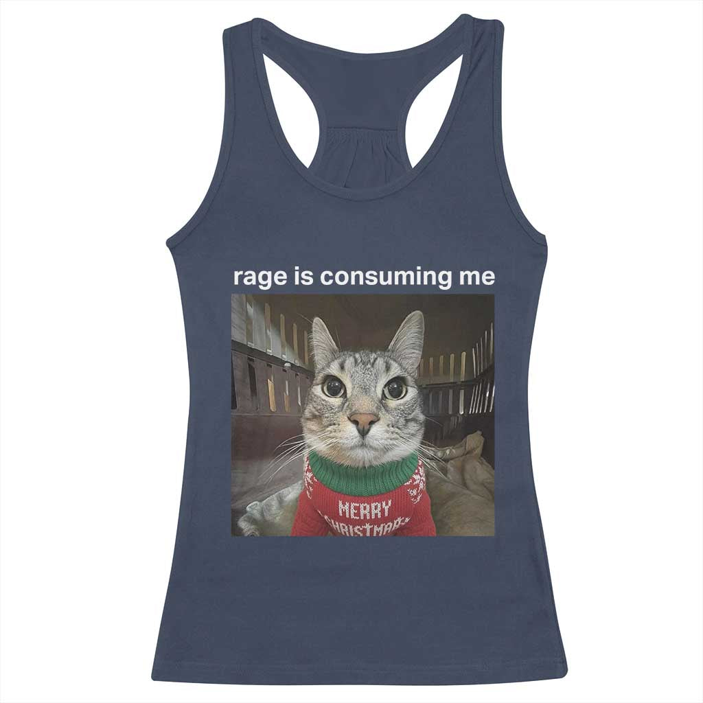 Rage Is Consuming Me Christmas Racerback Tank Top Funny Silly Staring Cat Meme Xmas Ugly Sweater - Wonder Print Shop
