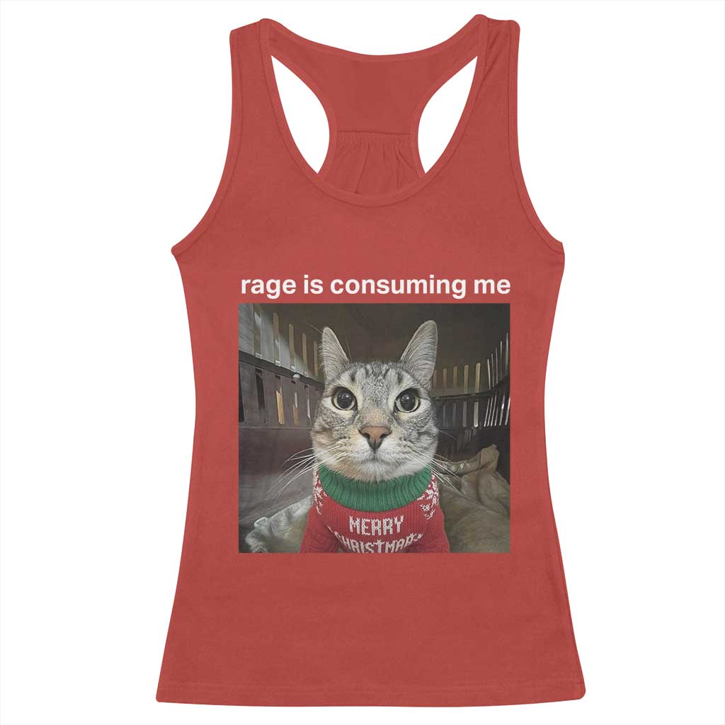 Rage Is Consuming Me Christmas Racerback Tank Top Funny Silly Staring Cat Meme Xmas Ugly Sweater - Wonder Print Shop