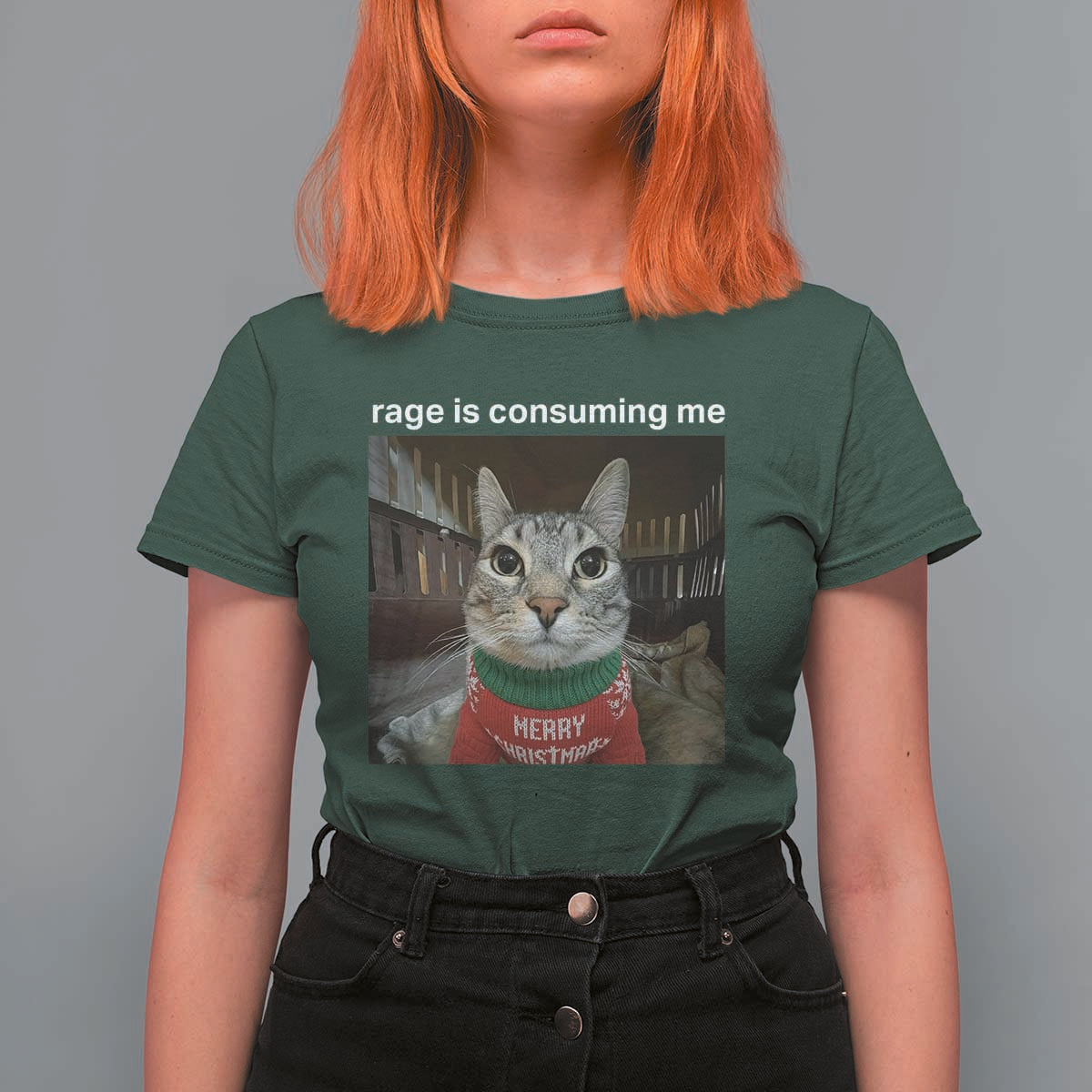 Rage Is Consuming Me Christmas T Shirt For Women Funny Silly Staring Cat Meme Xmas Ugly Sweater - Wonder Print Shop
