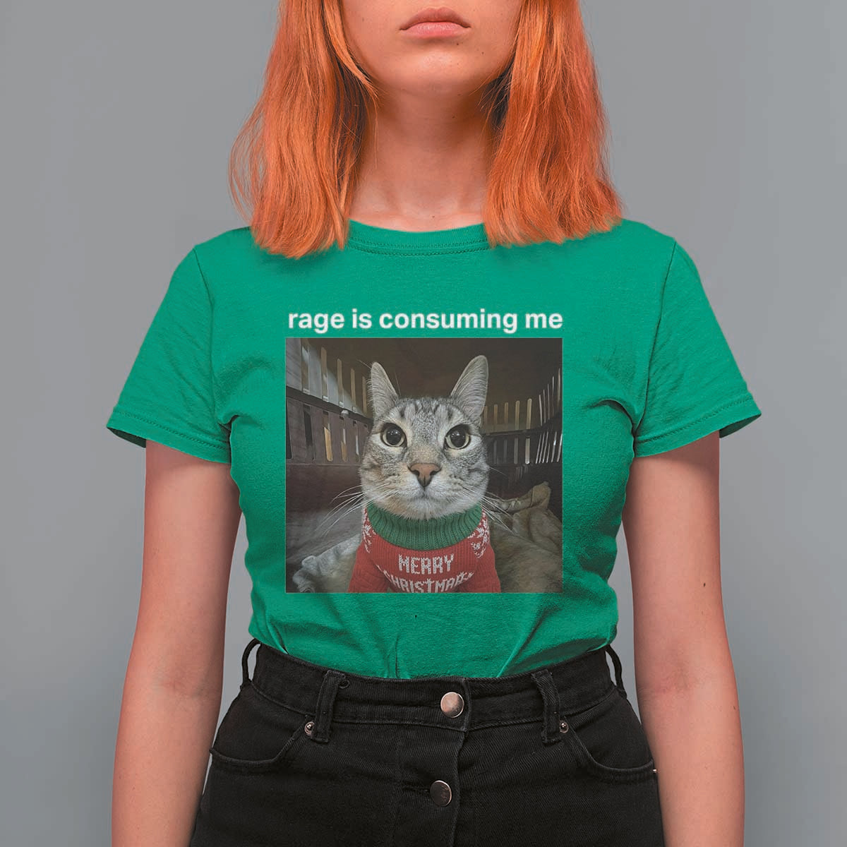 Rage Is Consuming Me Christmas T Shirt For Women Funny Silly Staring Cat Meme Xmas Ugly Sweater - Wonder Print Shop