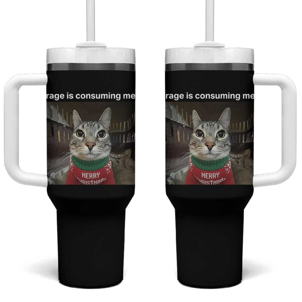 Rage Is Consuming Me Christmas Tumbler With Handle Funny Silly Staring Cat Meme Xmas Ugly Sweater - Wonder Print Shop