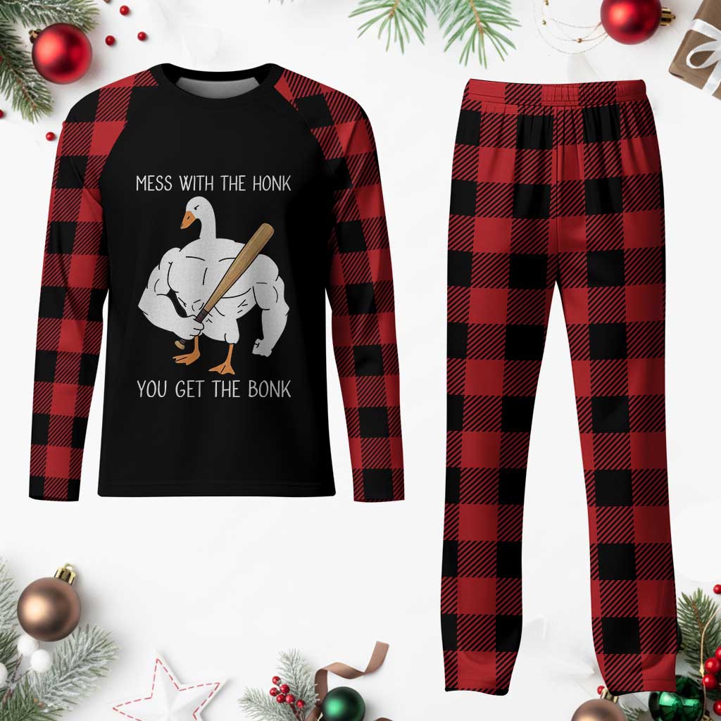 Funny Mess With The Honk You Get The Bonk Plaid Pajama Set Muscle Silly Goose - Wonder Print Shop