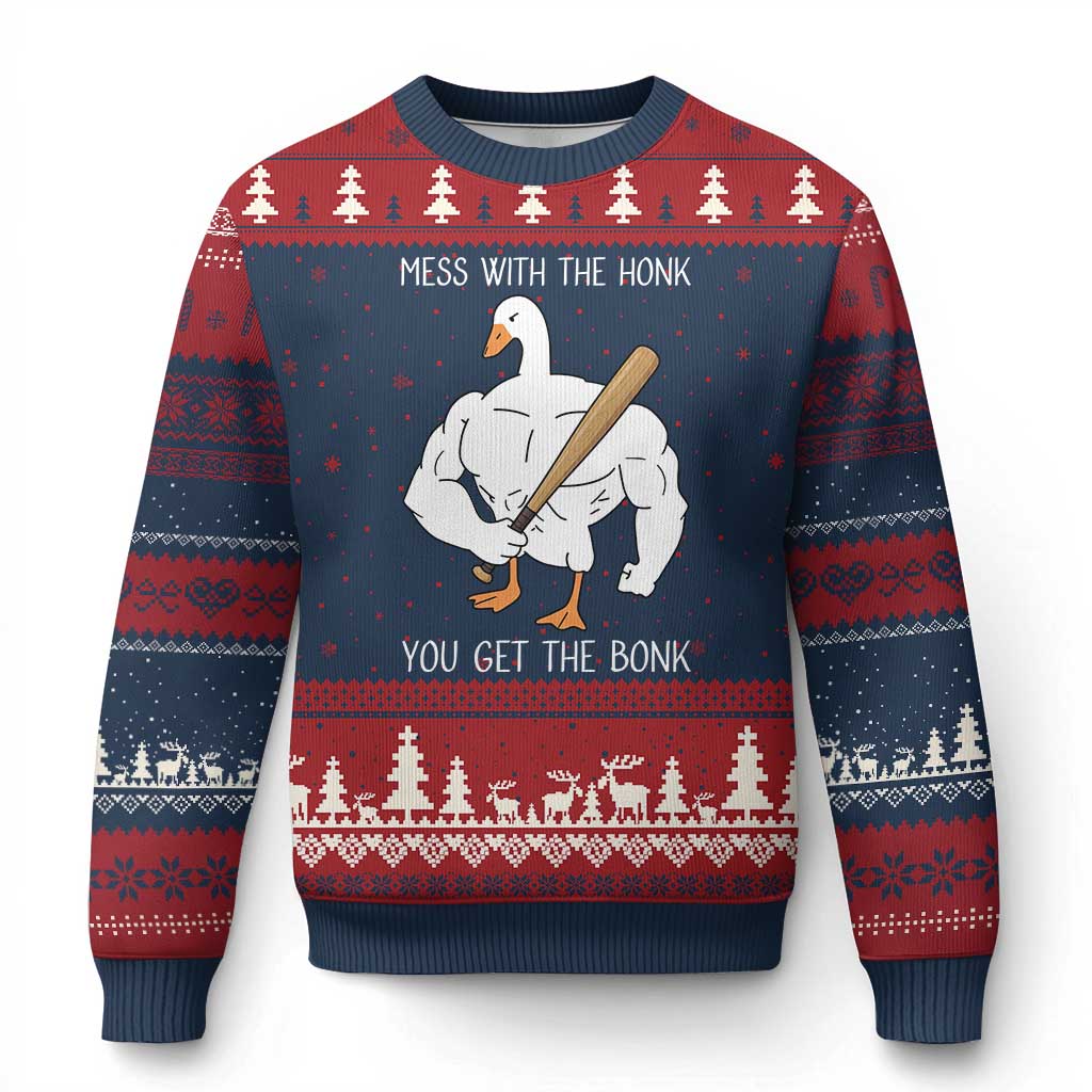 Funny Mess With The Honk You Get The Bonk Ugly Christmas Sweater Muscle Silly Goose - Wonder Print Shop