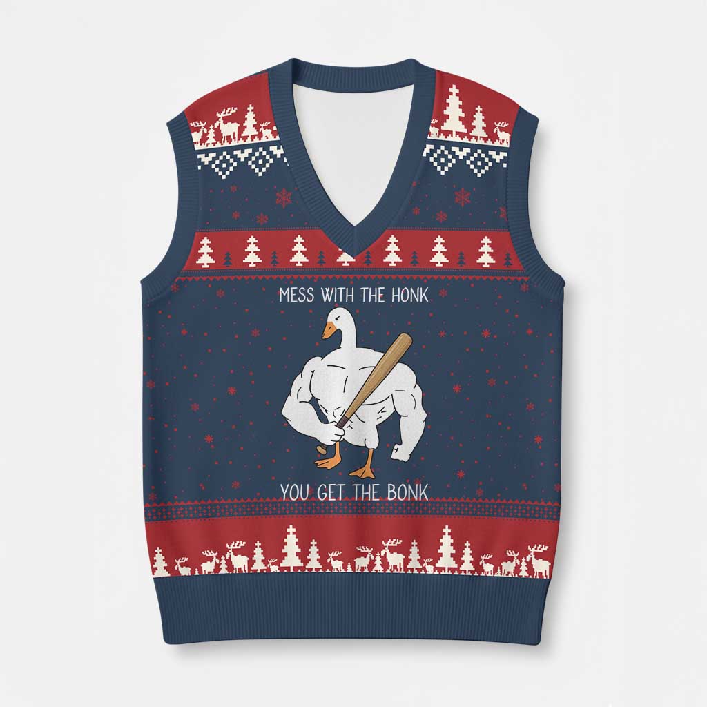 Funny Mess With The Honk You Get The Bonk V-Neck Knit Sweater Vest Muscle Silly Goose - Wonder Print Shop