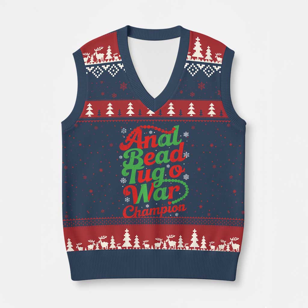 Funny Anal Bead Tug O War Xmas V-Neck Knit Sweater Vest Inappropriate Adult Humor Weird Cringe - Wonder Print Shop