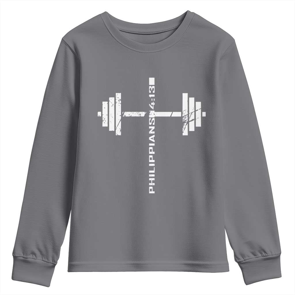 Christian Bible Gym Youth Sweatshirt Jesus Weightlifter Workout Faith Philippians 4 13 - Wonder Print Shop