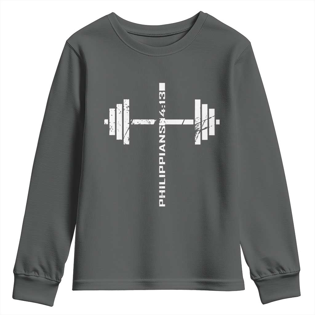Christian Bible Gym Youth Sweatshirt Jesus Weightlifter Workout Faith Philippians 4 13 - Wonder Print Shop