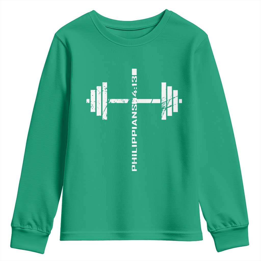 Christian Bible Gym Youth Sweatshirt Jesus Weightlifter Workout Faith Philippians 4 13 - Wonder Print Shop