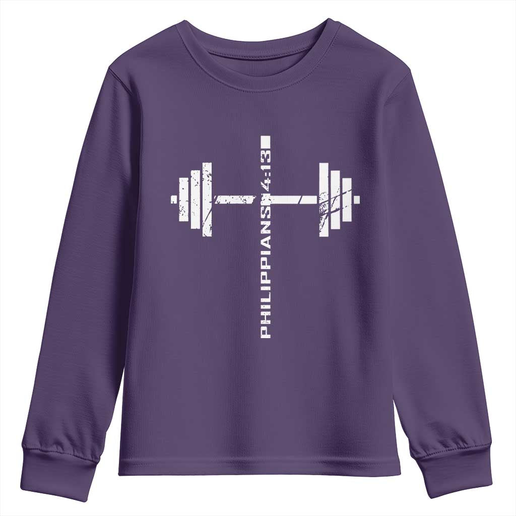 Christian Bible Gym Youth Sweatshirt Jesus Weightlifter Workout Faith Philippians 4 13 - Wonder Print Shop