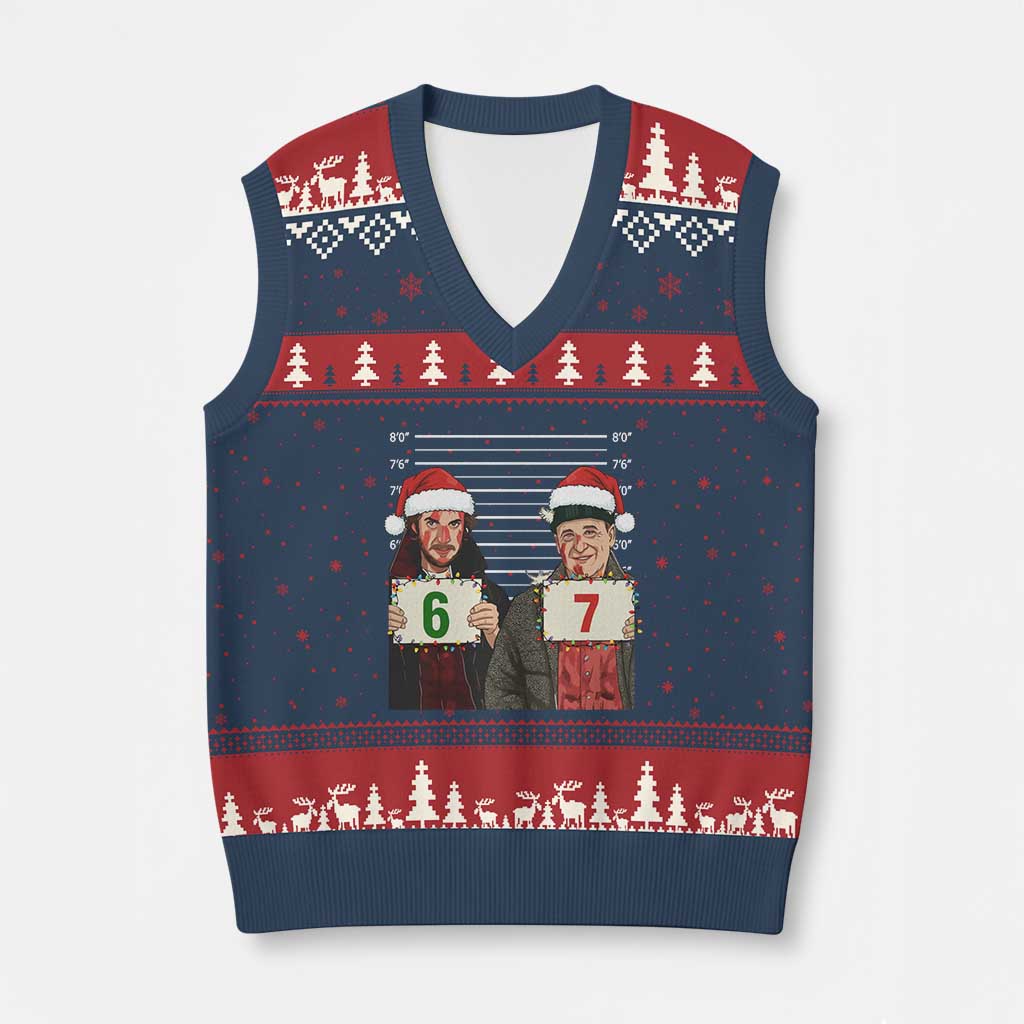 Funny 67 Xmas Movie V-Neck Knit Sweater Vest Six Seven Wet Bandits Home Xmas Alone - Wonder Print Shop