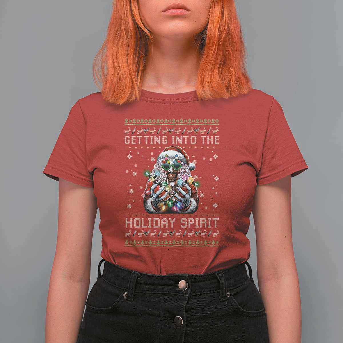 Funny Terrifier Christmas Santa T Shirt For Women Getting Into The Holiday Spirit Horror Movie - Wonder Print Shop