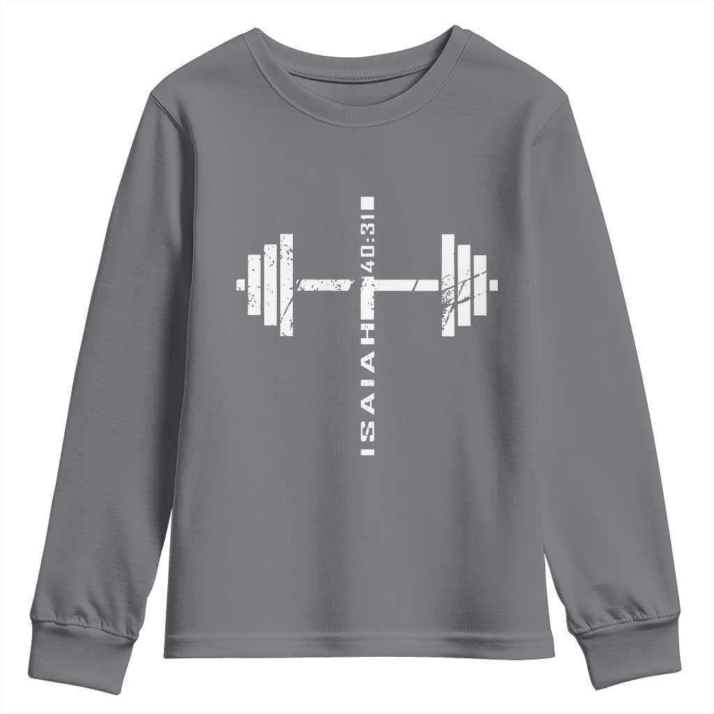 Christian Bible Gym Youth Sweatshirt Jesus Weightlifter Workout Faith Isaiah 40 31 - Wonder Print Shop