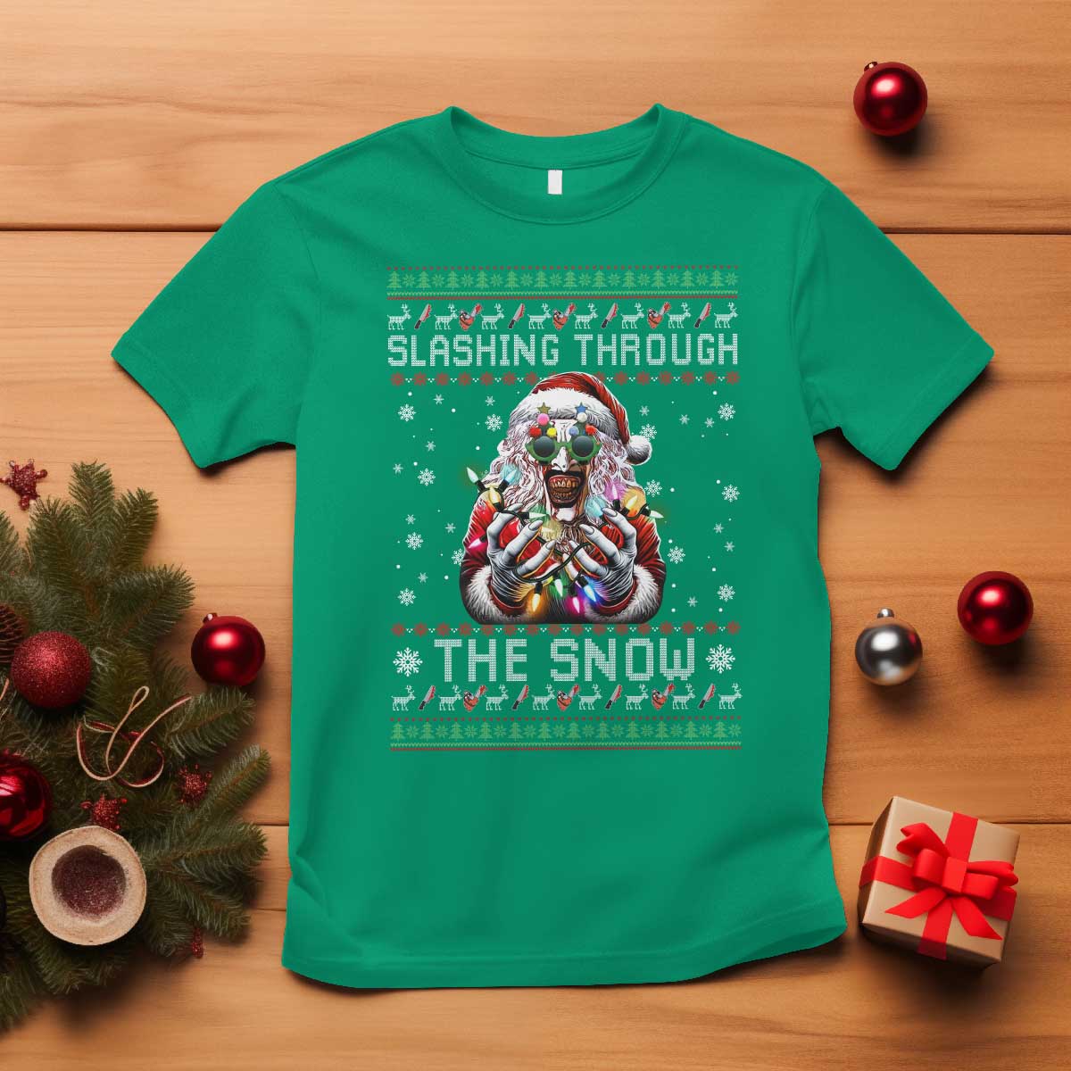 Funny Terrifier Christmas Santa T Shirt Slashing Through The Snow Xmas Horror Movie - Wonder Print Shop