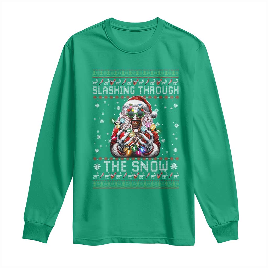 Funny Terrifier Christmas Santa Long Sleeve Shirt Slashing Through The Snow Xmas Horror Movie - Wonder Print Shop