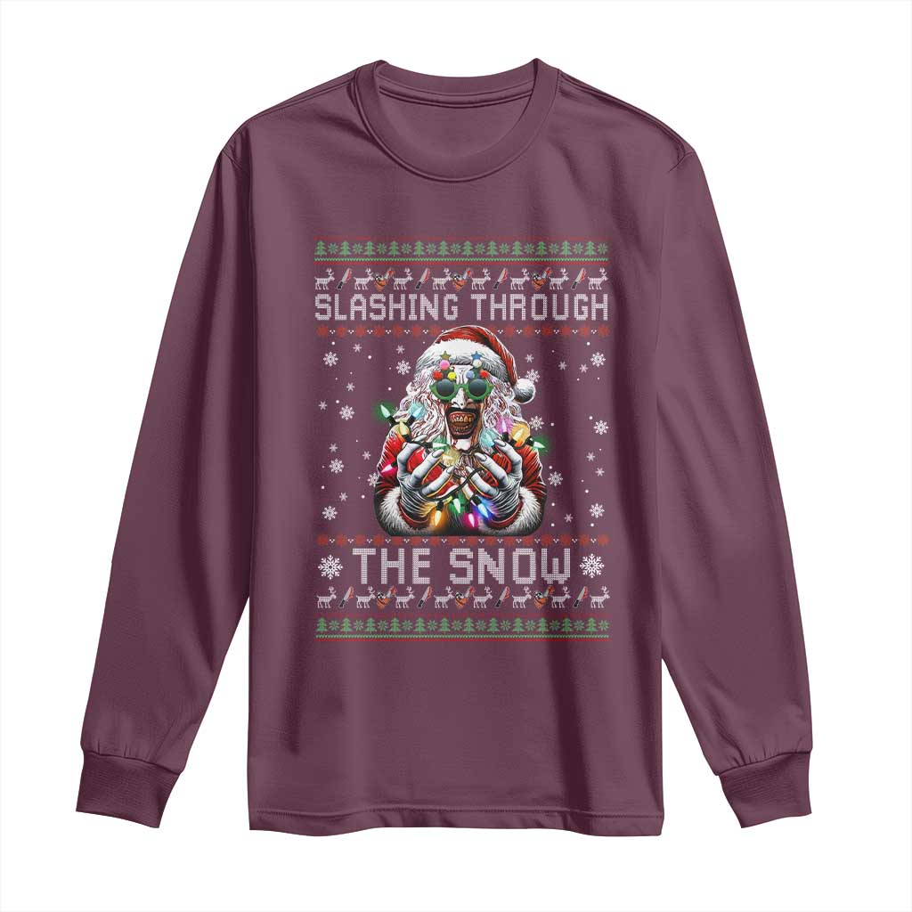Funny Terrifier Christmas Santa Long Sleeve Shirt Slashing Through The Snow Xmas Horror Movie - Wonder Print Shop