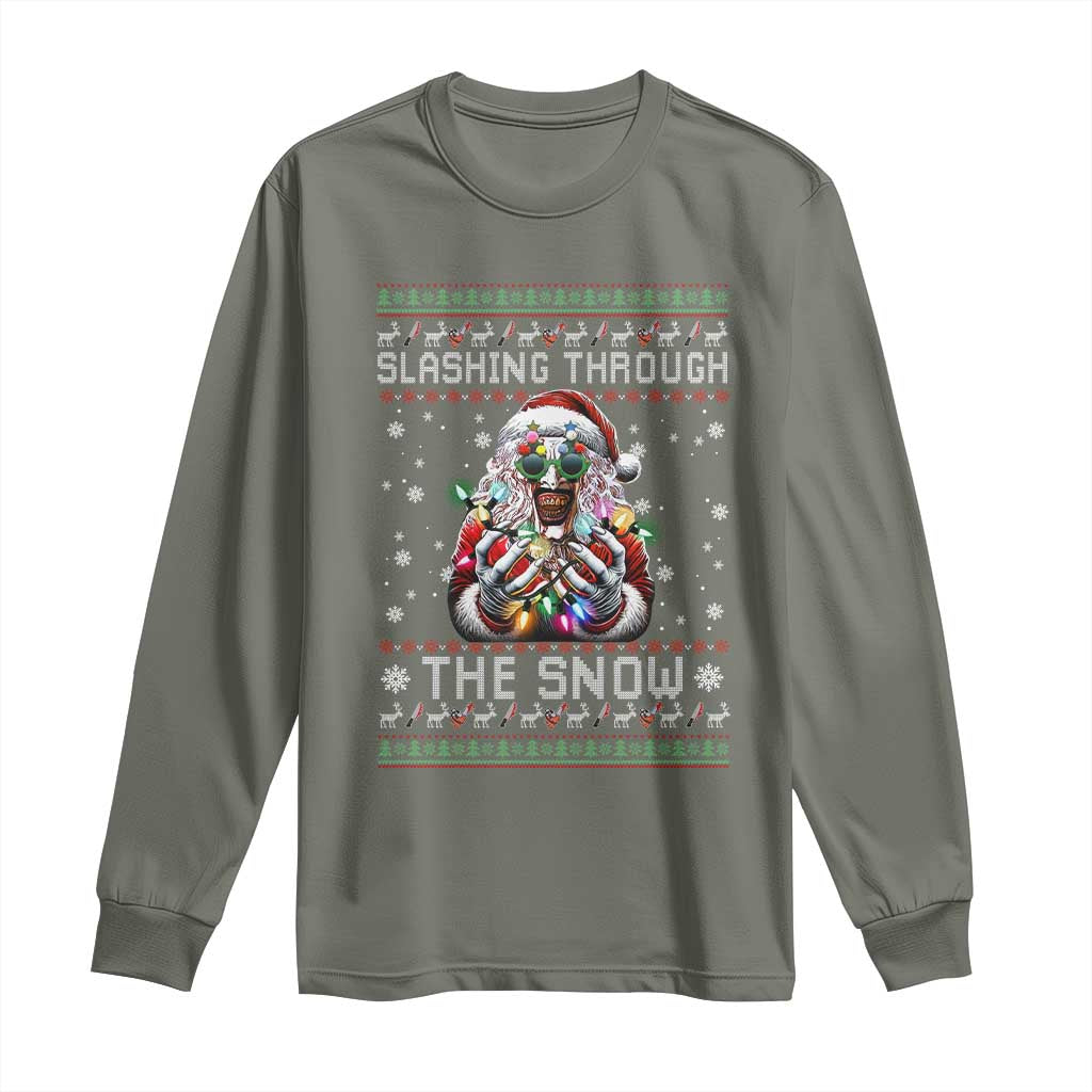 Funny Terrifier Christmas Santa Long Sleeve Shirt Slashing Through The Snow Xmas Horror Movie - Wonder Print Shop