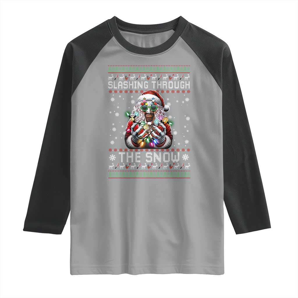 Funny Terrifier Christmas Santa Raglan Shirt Slashing Through The Snow Xmas Horror Movie - Wonder Print Shop